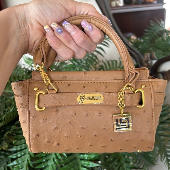 Lori Greiner Faux Ostrich Mini Bag Neutral Tan Zip Purse w/ Gold Tone Accents - Picture 1 of 15